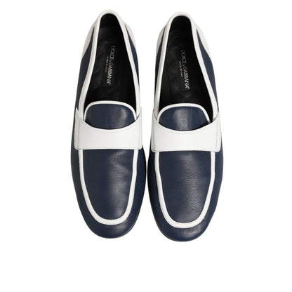 Dolce & Gabbana White Blue Leather Slip On Loafers Men Formal Shoes