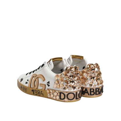 Dolce & Gabbana White Gold Crystal Portofino Sneakers Shoes