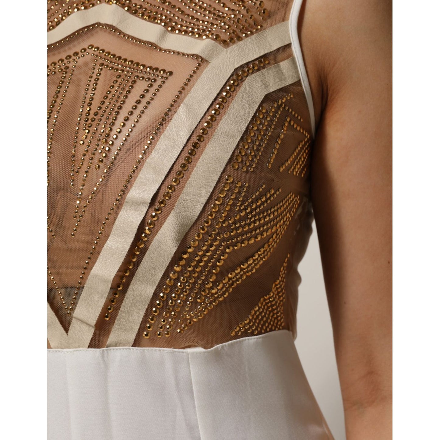 Mangano White Beige Mesh Crystal Embellished Sleeveless Jumpsuit Mangano