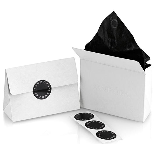 Pandora jewelry packaging with logo, white gift box and envelope, featuring black tissue paper and logo stickers.