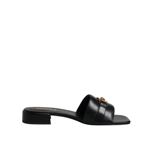 Versace Black Leather Logo Plaque Slip On Slides Flats Shoes Versace