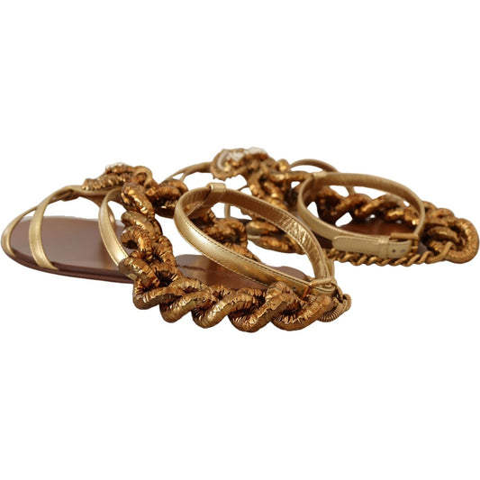 Dolce & Gabbana | Gold Leather Devotion Flats Sandals | McRichard Designer Brands