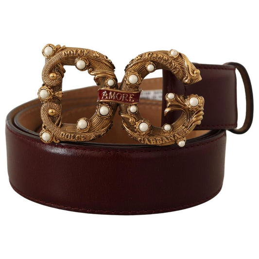 Dolce & Gabbana | Bordeaux Leather Brass Logo Buckle Baroque Amore Belt | McRichard Designer Brands