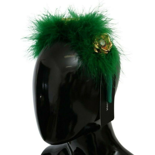 Dolce & Gabbana | Green Silk Fur Crystal Flowers Tiara Headband - McRichard Designer Brands