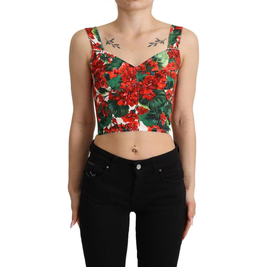 Dolce & Gabbana | Red Geranium Print Viscose Sweetheart Cropped Top | McRichard Designer Brands